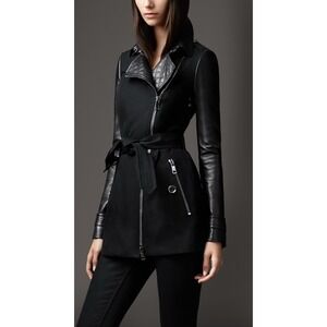 Burberry Ashington Black Belted Trench Coat Lamb‎ Leather Sleeves Quilted US 4